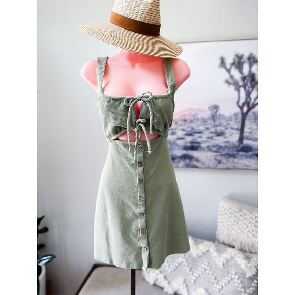 Free People Favorite Spot in the Garden soft sage textured cut out mini dress - Picture 1 of 5